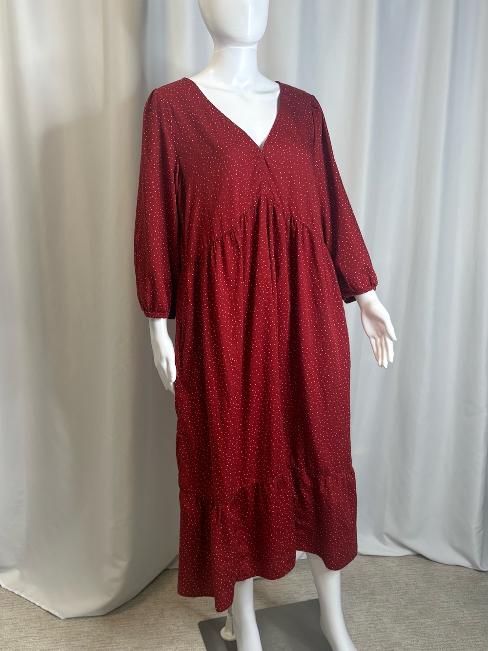 GAP Polka Dot Puff Sleeve Babydoll Midi Dress Size Large Red Tiered Ruffle Hem - Picture 4 of 12